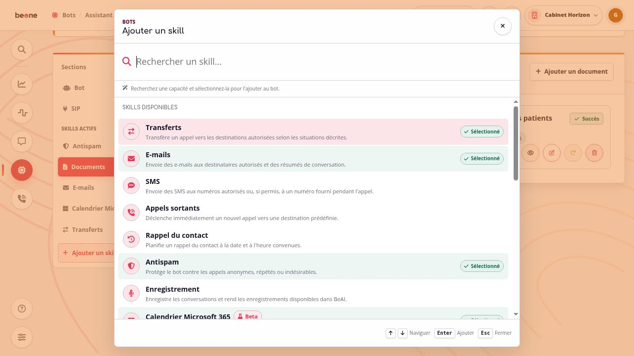 The actual skill catalogue with already selected capabilities